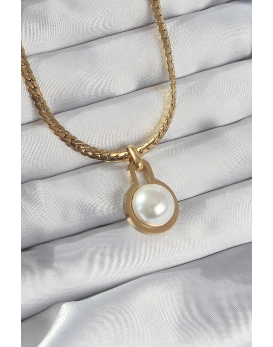 ® 316L Çelik Gold Renk Yassı Zincir İnci Taşlı Kolye