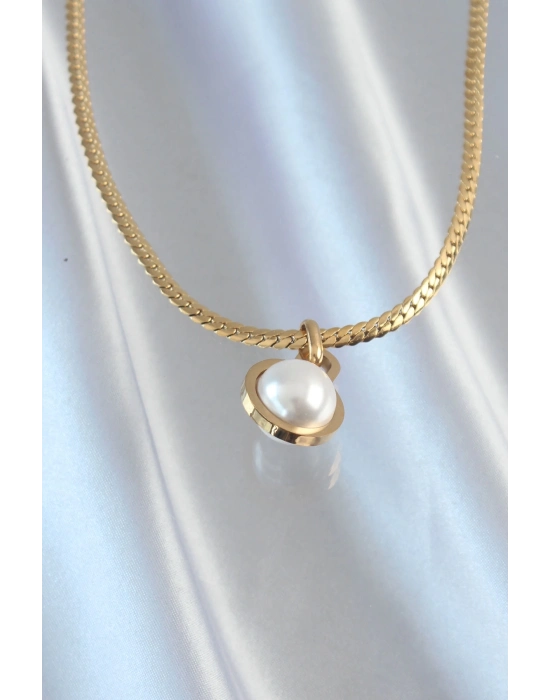 ® 316L Çelik Gold Renk Yassı Zincir İnci Taşlı Kolye