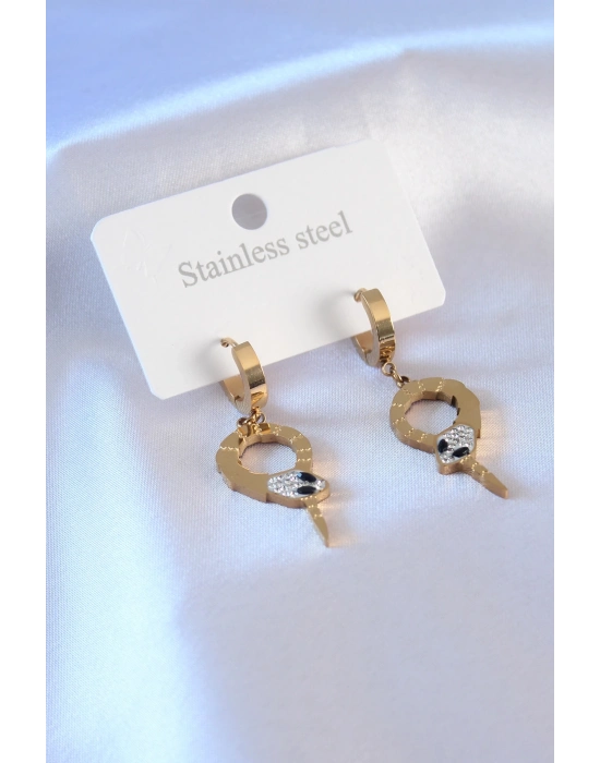 ® 316L Çelik Gold Renk Yılan Model Zirkon Taşlı Kadın Küpe