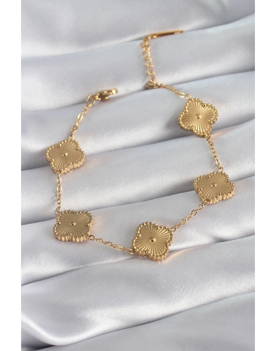 ® 316L Çelik Gold Renk Yonca Model İşleme Detay Kadın Bileklik