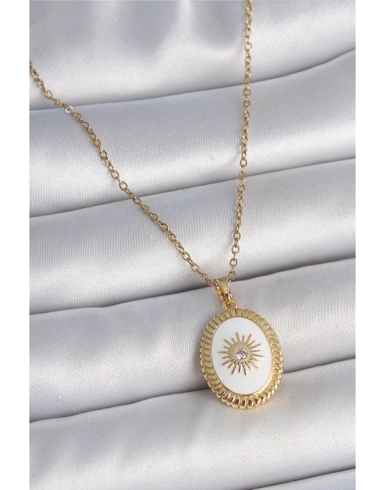 ® 316L Çelik Gold Renk Zincir Beyaz Mineli Güneş İşlemeli Zirkon Taş Detaylı Madalyon Model Kadın Kolye