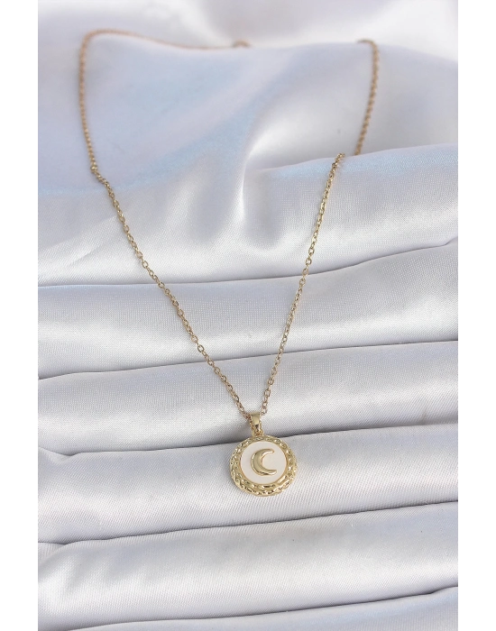 ® 316L Çelik Gold Renk Zincir Beyaz Mineli Hilal İşlemeli Madalyon Model Kadın Kolye