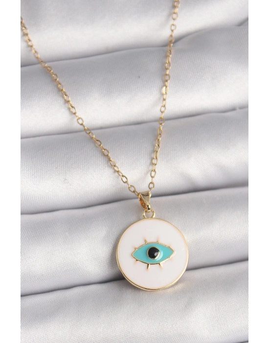 ® 316L Çelik Gold Renk Zincir Beyaz Mineli Turkuaz Göz İşleme Model Kadın Kolye
