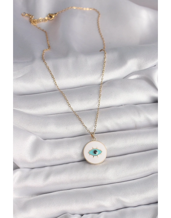 ® 316L Çelik Gold Renk Zincir Beyaz Mineli Turkuaz Göz İşleme Model Kadın Kolye