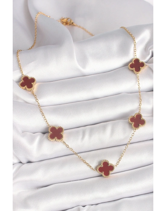 ® 316L Çelik Gold Renk Zincir Bordo Yonca Model Kadın Kolye