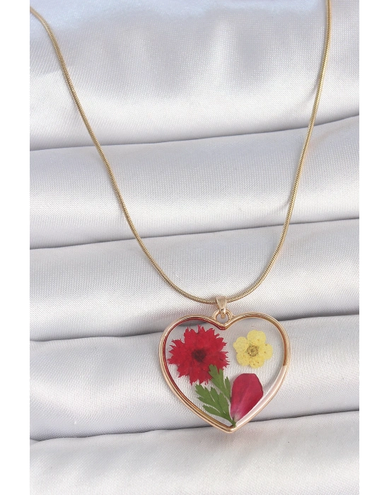 ® 316L Çelik Gold Renk Zincir Epokis Kalp Doğal Çiçek Model Kadın Kolye