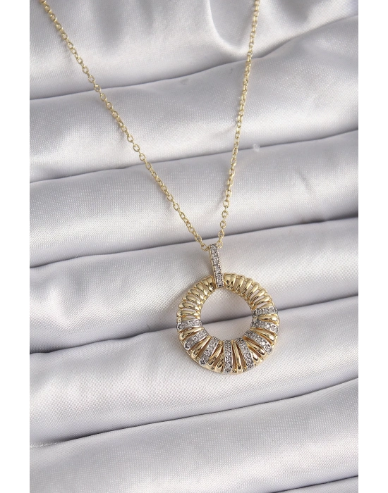 ® 316L Çelik Gold Renk Zincir Gümüş Zirkon Taşlı Daire Model Kadın Kolye
