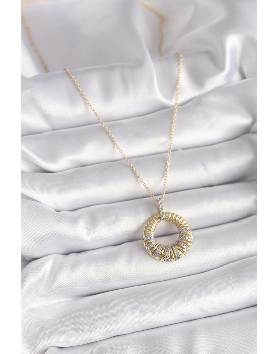 ® 316L Çelik Gold Renk Zincir Gümüş Zirkon Taşlı Daire Model Kadın Kolye