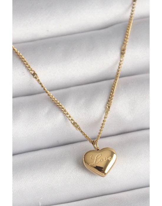 ® 316L Çelik Gold Renk Zincir Love İşlemeli Kalp Figür Kadın Kolye