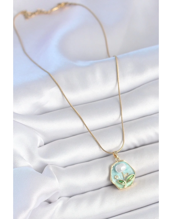 ® 316L Çelik Gold Renk Zincir Mavi Çiçek İşlemeli İnci İşlemeli Portre Model Kadın Kolye