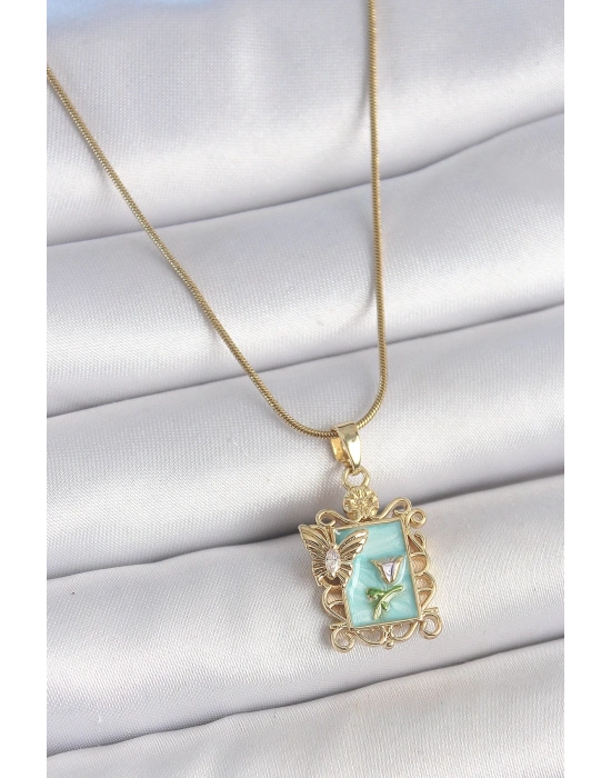 ® 316L Çelik Gold Renk Zincir Mavi Mineli Çiçek İşlemeli Zirkon Taşlı Kelebek Detay Portre Model Kadın Kolye
