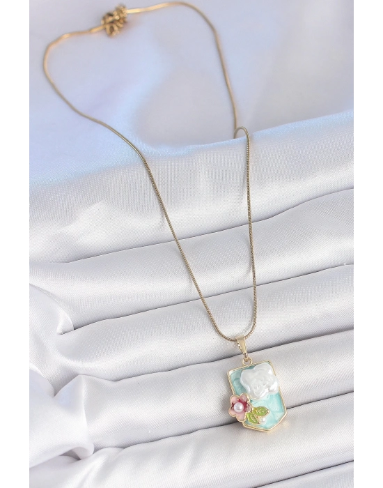 ® 316L Çelik Gold Renk Zincir Mavi Mineli İncili Çiçek İşlemeli Portre Model Kadın Kolye