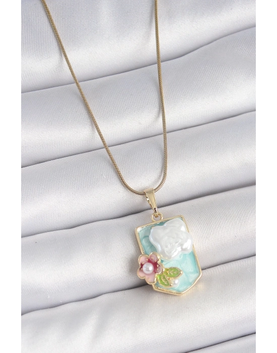 ® 316L Çelik Gold Renk Zincir Mavi Mineli İncili Çiçek İşlemeli Portre Model Kadın Kolye