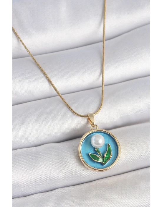 ® 316L Çelik Gold Renk Zincir Mavi Mineli İncili Çiçek İşlemeli Portre Model Kadın Kolye