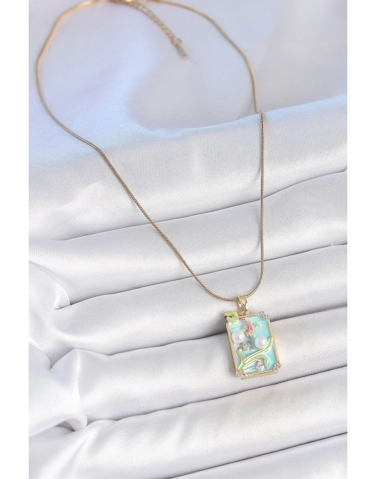 ® 316L Çelik Gold Renk Zincir Mavi Mineli İncili Çiçek İşlemeli Portre Model Kadın Kolye