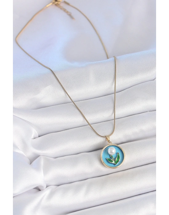 ® 316L Çelik Gold Renk Zincir Mavi Mineli İncili Çiçek İşlemeli Portre Model Kadın Kolye