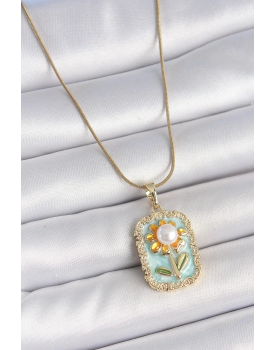 ® 316L Çelik Gold Renk Zincir Mavi Mineli İncili Papatya İşlemeli Portre Model Kadın Kolye