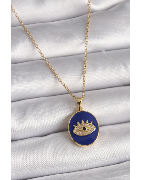® 316L Çelik Gold Renk Zincir Mavi Mineli Zirkon Taşlı Göz İşleme Kadın Kolye