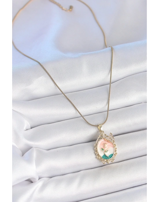 ® 316L Çelik Gold Renk Zincir Mix Renk Çiçek İşlemeli Zirkon Taş Detaylı Portre Model Kadın Kolye