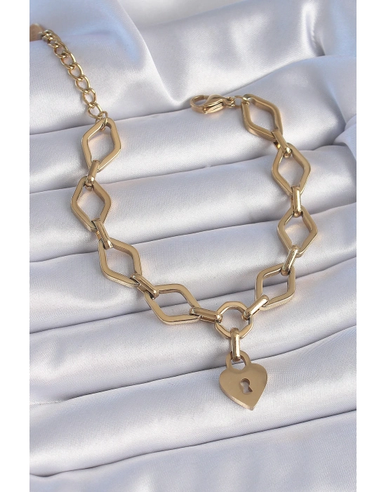 ® 316L Çelik Gold Renk Zincir Model Kilit Kalp Figür Kadın Bileklik