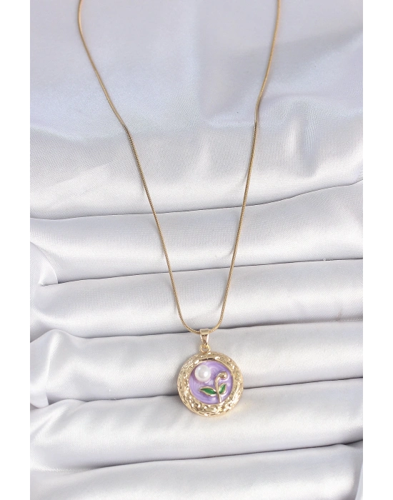 ® 316L Çelik Gold Renk Zincir Mor Çiçek İşlemeli İnci Detay Potre Model Kadın Kolye