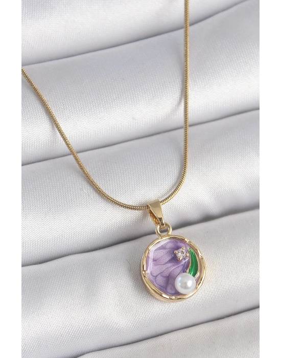 ® 316L Çelik Gold Renk Zincir Mor Çiçek İşlemeli Zirkon Taş İnci Detaylı Minimal Portre Model Kadın Kolye