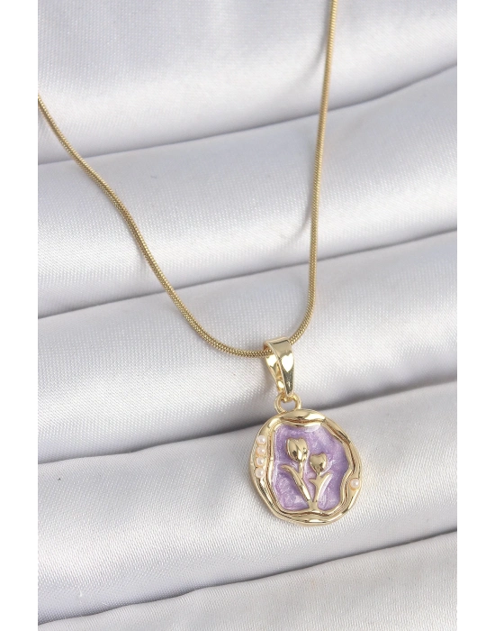 ® 316L Çelik Gold Renk Zincir Mor Mineli Çiçek İşlemeli Portre Model Kadın Kolye