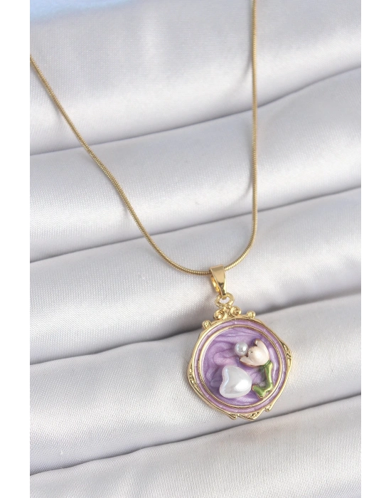 ® 316L Çelik Gold Renk Zincir Mor Mineli İncili Çiçek İşlemeli Portre Model Kadın Kolye