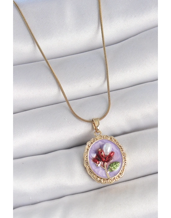 ® 316L Çelik Gold Renk Zincir Mor Mineli İncili Çiçek İşlemeli Portre Model Kadın Kolye
