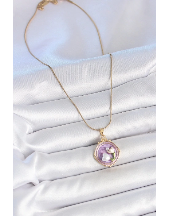 ® 316L Çelik Gold Renk Zincir Mor Mineli İncili Çiçek İşlemeli Portre Model Kadın Kolye