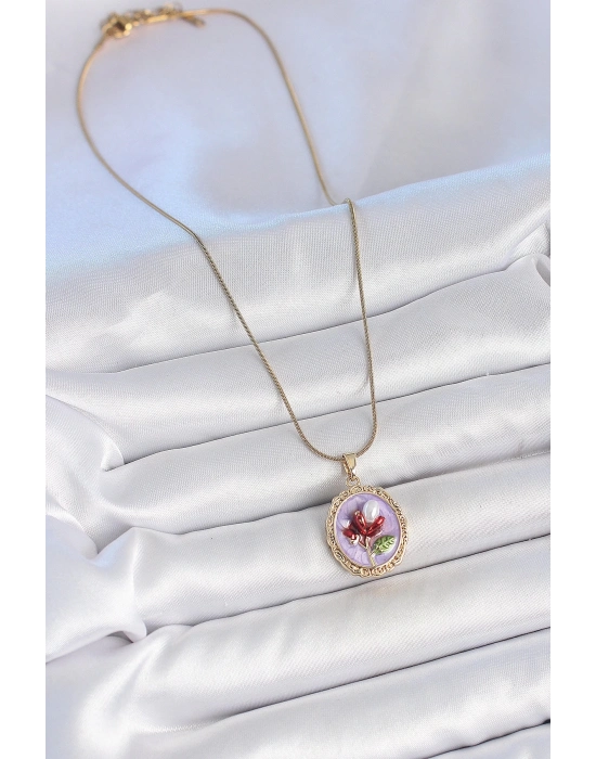 ® 316L Çelik Gold Renk Zincir Mor Mineli İncili Çiçek İşlemeli Portre Model Kadın Kolye