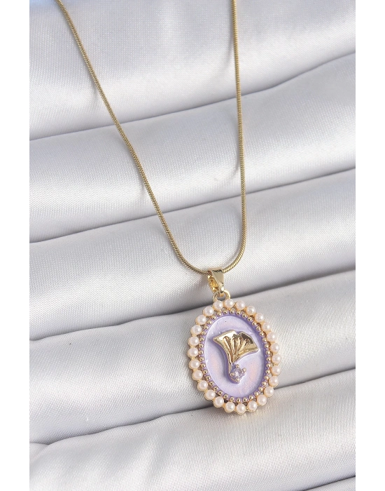 ® 316L Çelik Gold Renk Zincir Mor Mineli İncili Zirkon Taşlı Çiçek İşlemeli Portre Model Kadın Kolye