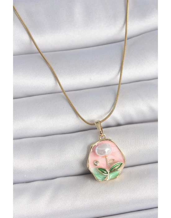 ® 316L Çelik Gold Renk Zincir Pembe Çiçek İşlemeli İnci Detay Portre Model Kadın Kolye