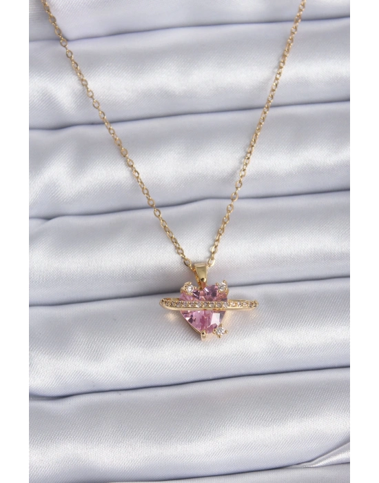 ® 316L Çelik Gold Renk Zincir Pembe Kristal Kalp Model Zirkon Taş Detay Kadın Kolye