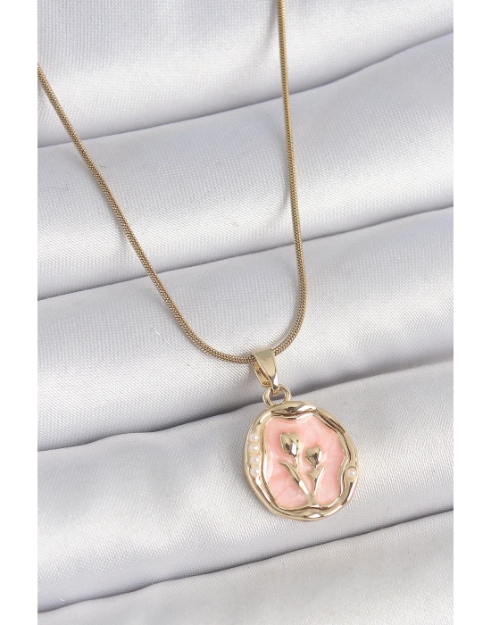 ® 316L Çelik Gold Renk Zincir Pembe Mineli Çiçek İşlemeli Portre Model Kadın Kolye