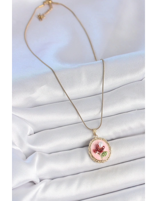 ® 316L Çelik Gold Renk Zincir Pembe Mineli İncili Çiçek İşlemeli Portre Model Kadın Kolye
