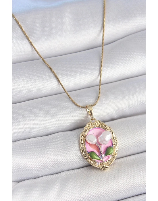 ® 316L Çelik Gold Renk Zincir Pembe Mineli İncili Çiçek İşlemeli Portre Model Kadın Kolye