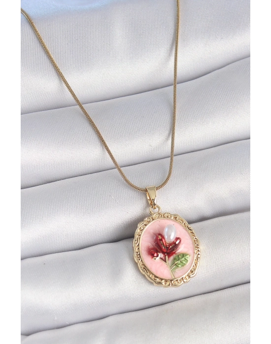 ® 316L Çelik Gold Renk Zincir Pembe Mineli İncili Çiçek İşlemeli Portre Model Kadın Kolye