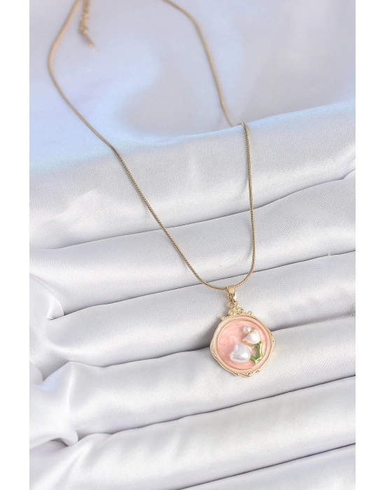 ® 316L Çelik Gold Renk Zincir Pembe Mineli İncili Çiçek İşlemeli Portre Model Kadın Kolye