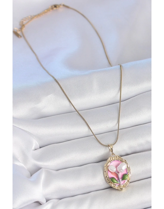 ® 316L Çelik Gold Renk Zincir Pembe Mineli İncili Çiçek İşlemeli Portre Model Kadın Kolye