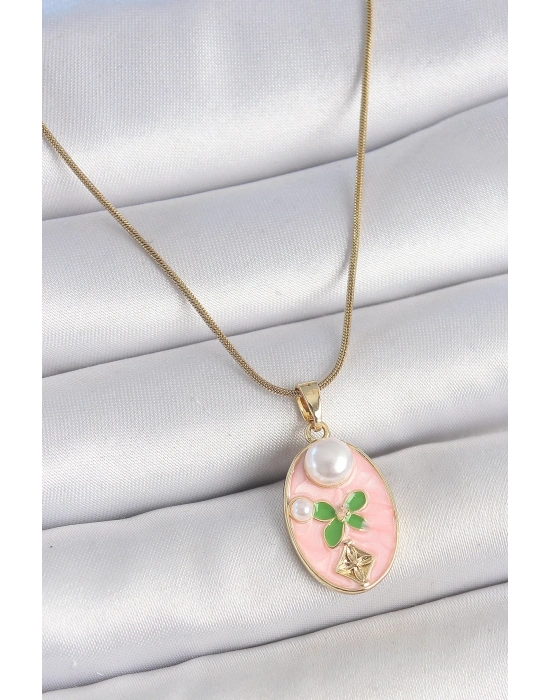 ® 316L Çelik Gold Renk Zincir Pembe Mineli Oval İncili Çiçek İşlemeli Portre Model Kadın Kolye