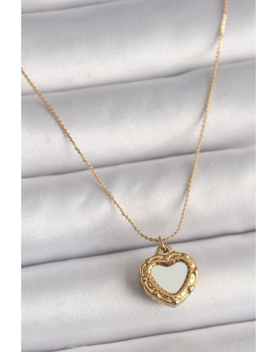 ® 316L Çelik Gold Renk Zincir Sedefli Kalp Model Kadın Kolye