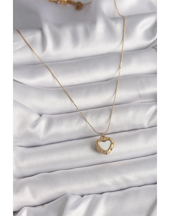 ® 316L Çelik Gold Renk Zincir Sedefli Kalp Model Kadın Kolye