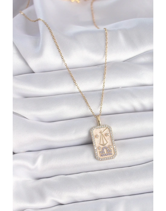 ® 316L Çelik Gold Renk Zincir Terazi Burcu Zirkon Taşlı Kadın Kolye