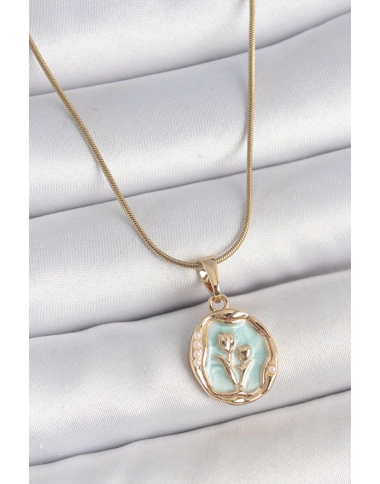 ® 316L Çelik Gold Renk Zincir Turkuaz Mineli Çiçek İşlemeli Portre Model Kadın Kolye