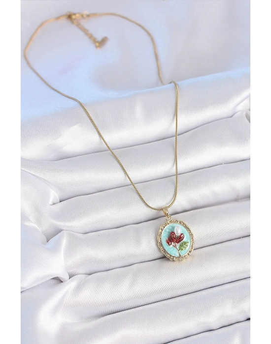 ® 316L Çelik Gold Renk Zincir Turkuaz Mineli İncili Çiçek İşlemeli Portre Model Kadın Kolye