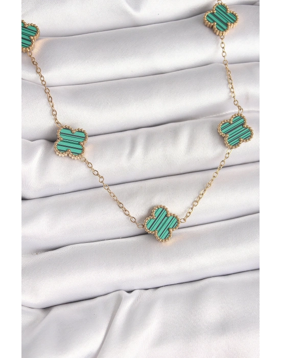 ® 316L Çelik Gold Renk Zincir Yeşil Yonca Model Kadın Kolye