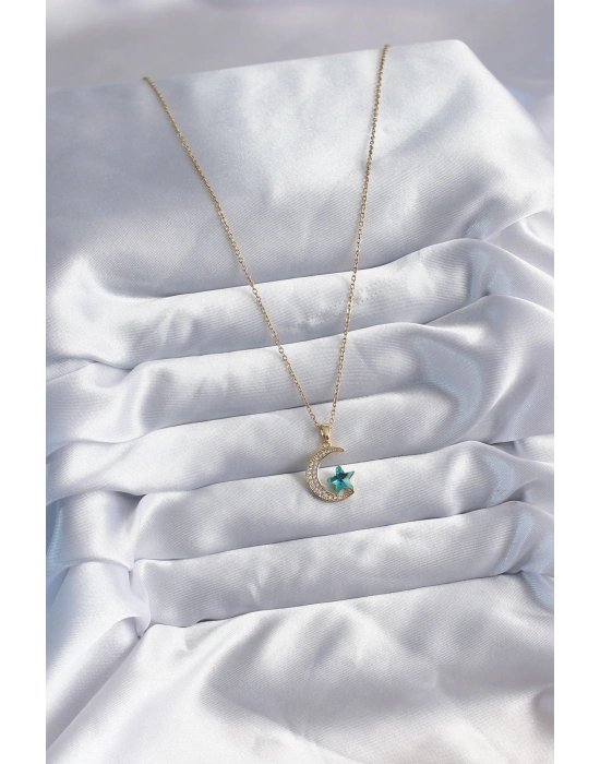 ® 316L Çelik Gold Renk Zincir Zirkon Taş Detay Hilal Yıldızı Figür Kadın Kolye