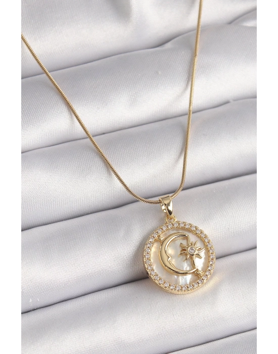 ® 316L Çelik Gold Renk Zincir Zirkon Taş Detaylı Beyaz Sedefli Ay Yıldız Model Kadın Kolye