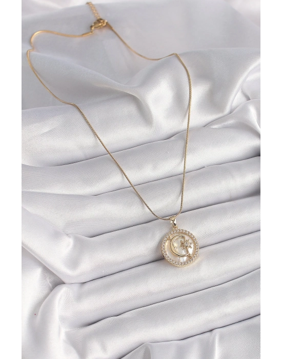 ® 316L Çelik Gold Renk Zincir Zirkon Taş Detaylı Beyaz Sedefli Ay Yıldız Model Kadın Kolye